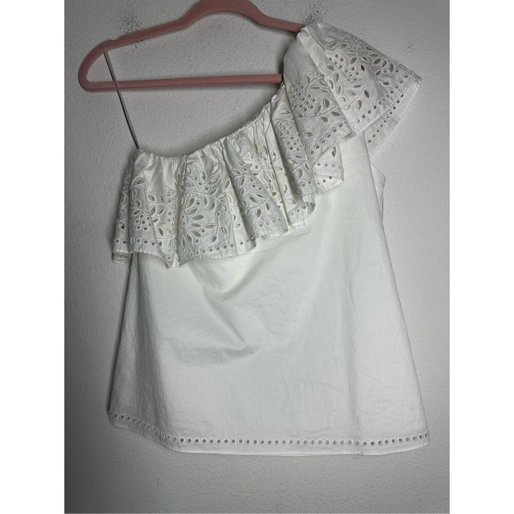 Parker Bohemian White Ruffle Eyelet One Shoulder Blouse Sz S Cotton Lined